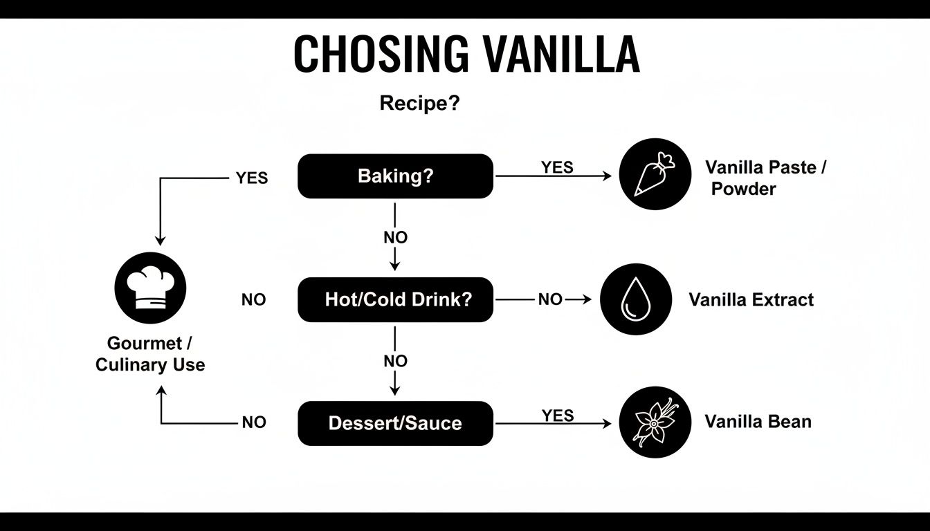 Flowchart guiding the selection of vanilla products (paste, extract, bean) for different recipes like baking, drinks, and desserts.