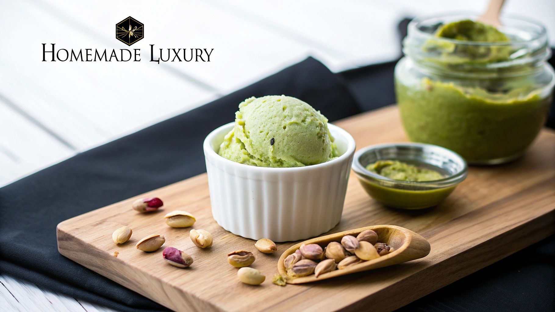 A scoop of vibrant green pistachio ice cream, surrounded by pistachios and creamy pistachio spread on a wooden board.