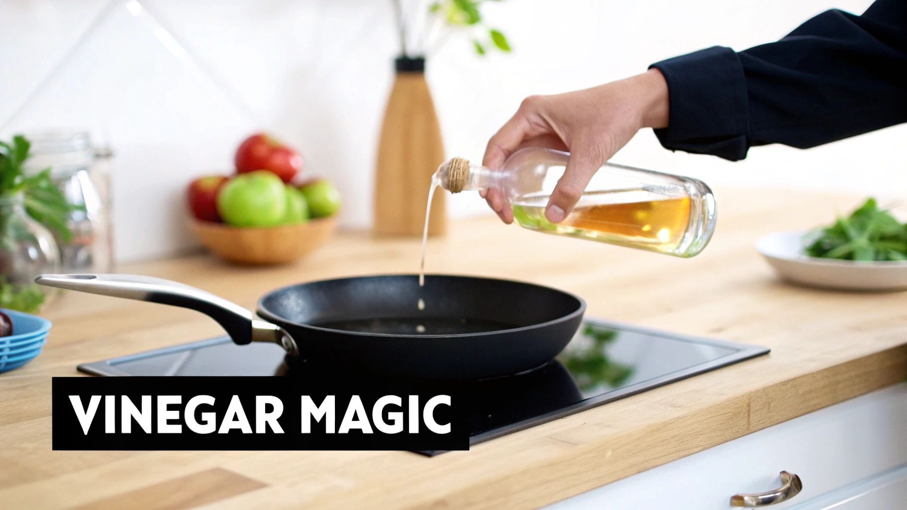 A person pours golden liquid from a bottle into a black frying pan on a kitchen stovetop.