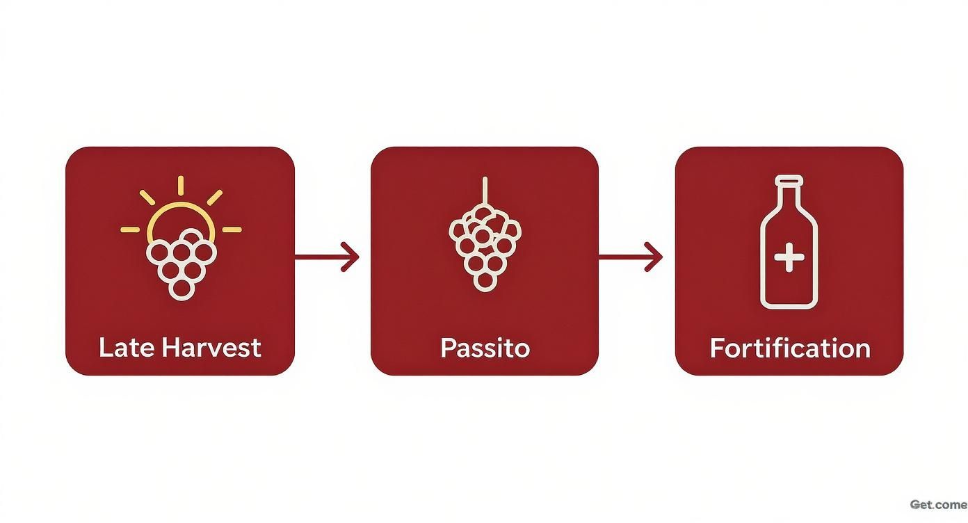 Wine production process flowchart showing late harvest, passito method, and fortification stages with grape and bottle icons