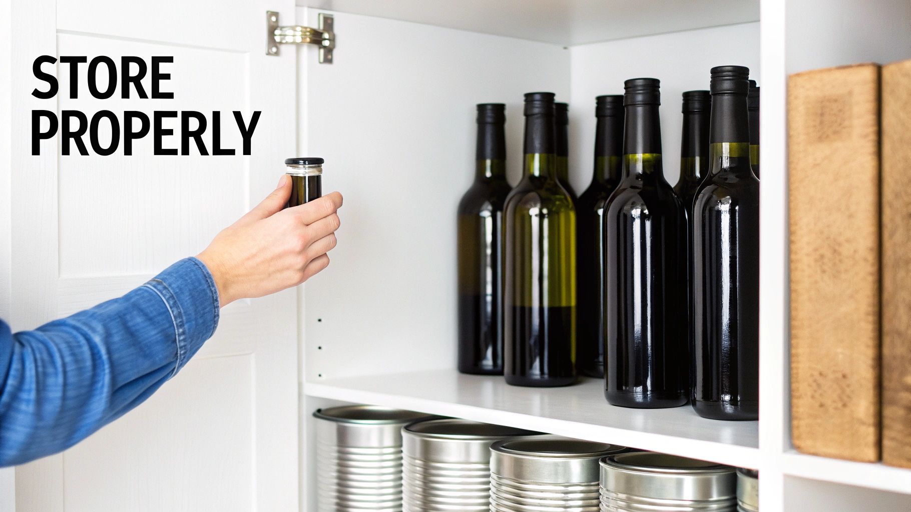 A bottle of olive oil next to a bowl of olives and a branch