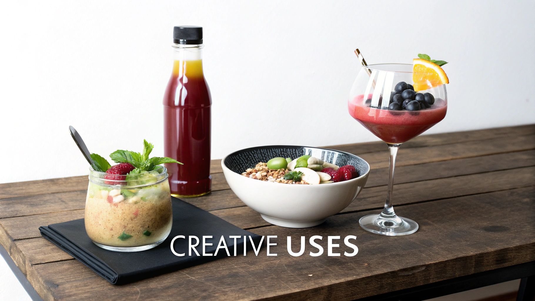 Colorful fruit drinks, a smoothie, and a granola bowl creatively arranged on a wooden table.
