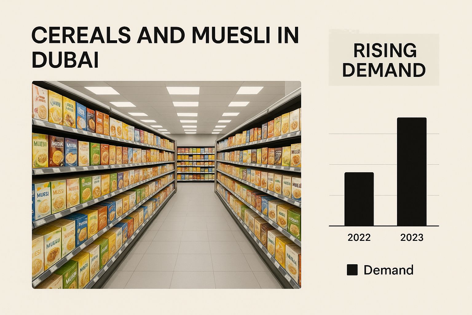 Cereal aisle in Dubai with colorful boxes, sign "Cereals and Muesli in Dubai," and bar chart showing rising demand from 2022 to 2023.