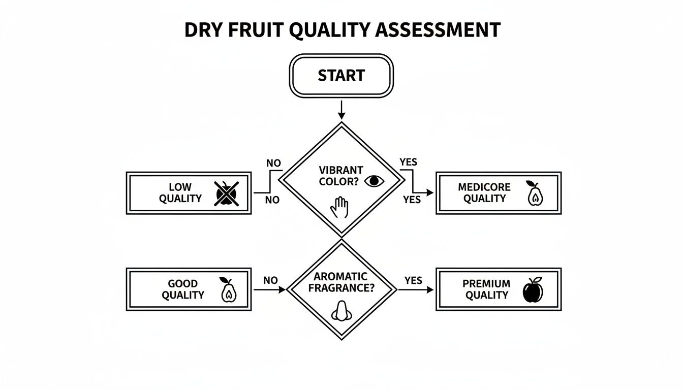 Flowchart illustrating the dry fruit quality assessment process based on vibrant color and aromatic fragrance.