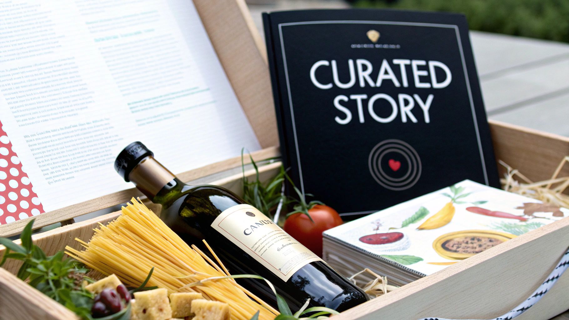 A wooden hamper box overflowing with gourmet food items like wine, pasta, cheese, herbs, and a cookbook.