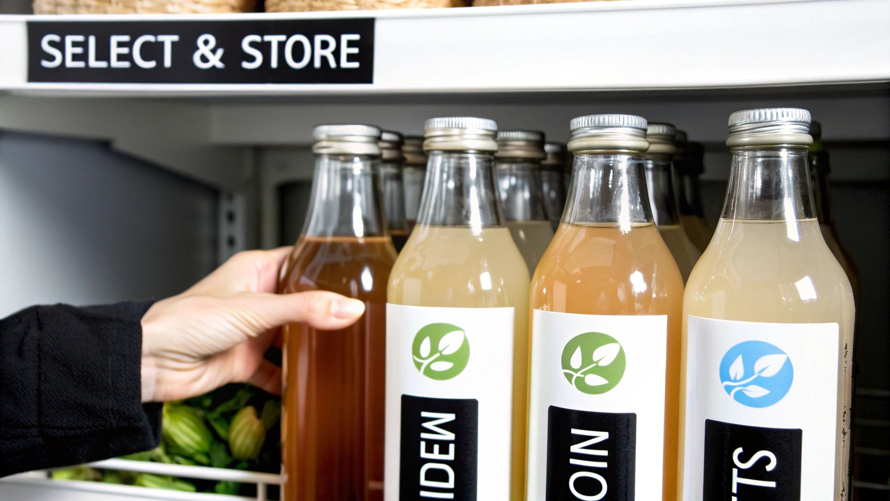 A person's hand selects a bottle from a row of various natural beverages in a store cooler.