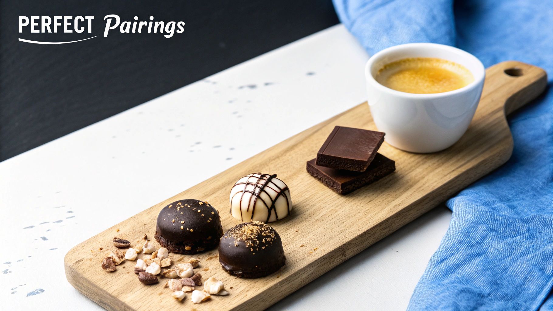 Espresso coffee and gourmet chocolates on a wooden board with nuts, a perfect pairing.