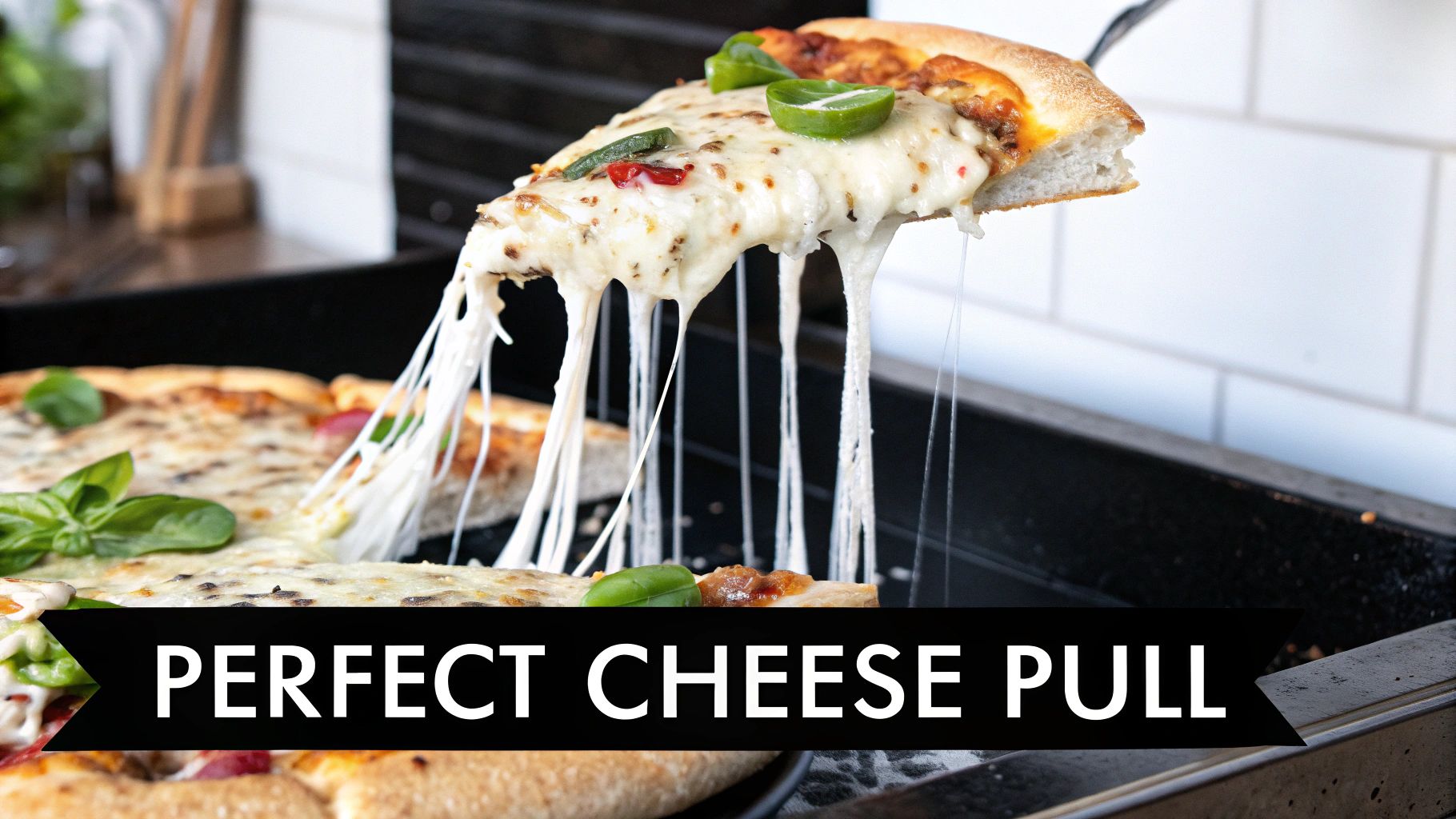A close-up of a pizza slice being lifted, showing a perfect cheese pull with long, stringy melted cheese.