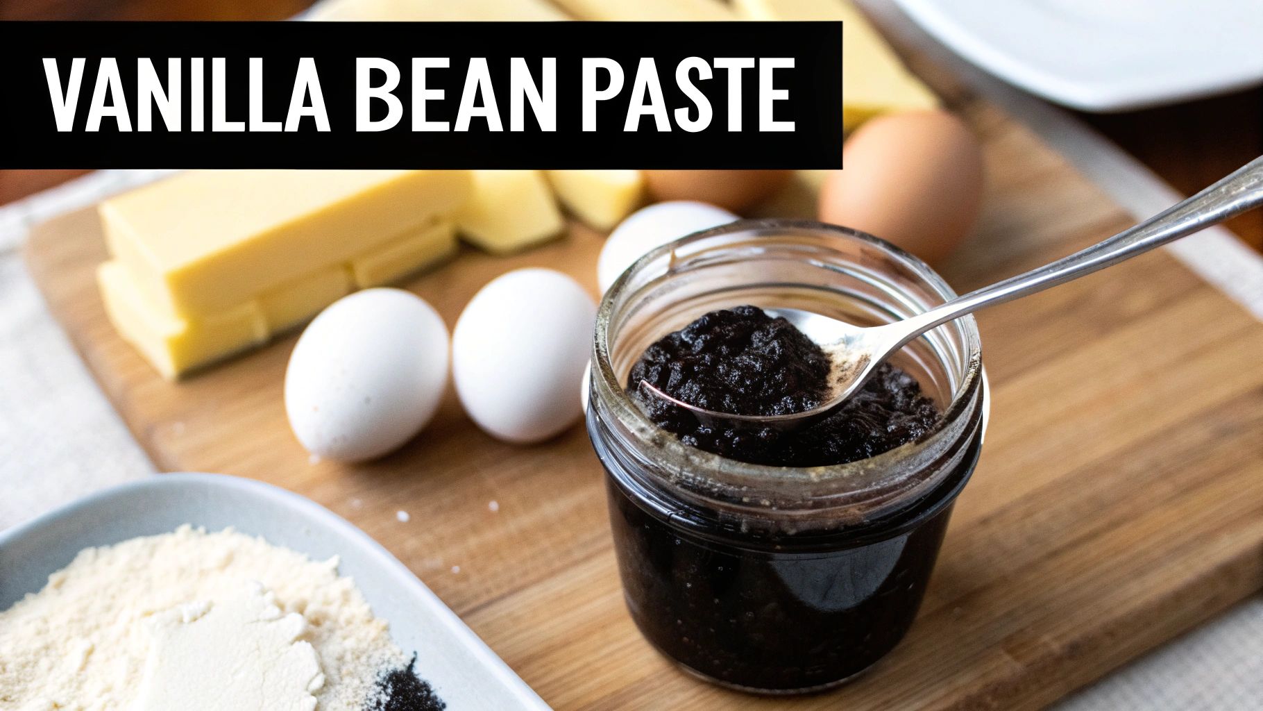 A jar of vanilla bean paste with a spoon, surrounded by eggs, butter, and dry ingredients on a wooden board.