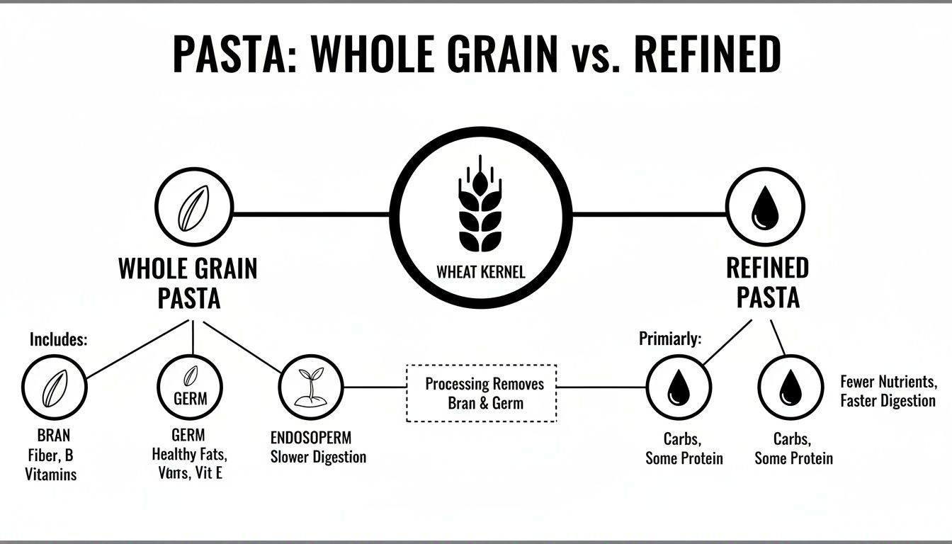 Infographic illustrating the differences between whole grain and refined pasta, detailing wheat kernel components.