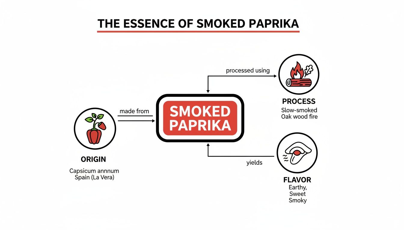 Infographic detailing smoked paprika: its origin from Capsicum annuum, slow-smoked oak wood fire process, and earthy, sweet, smoky flavor.