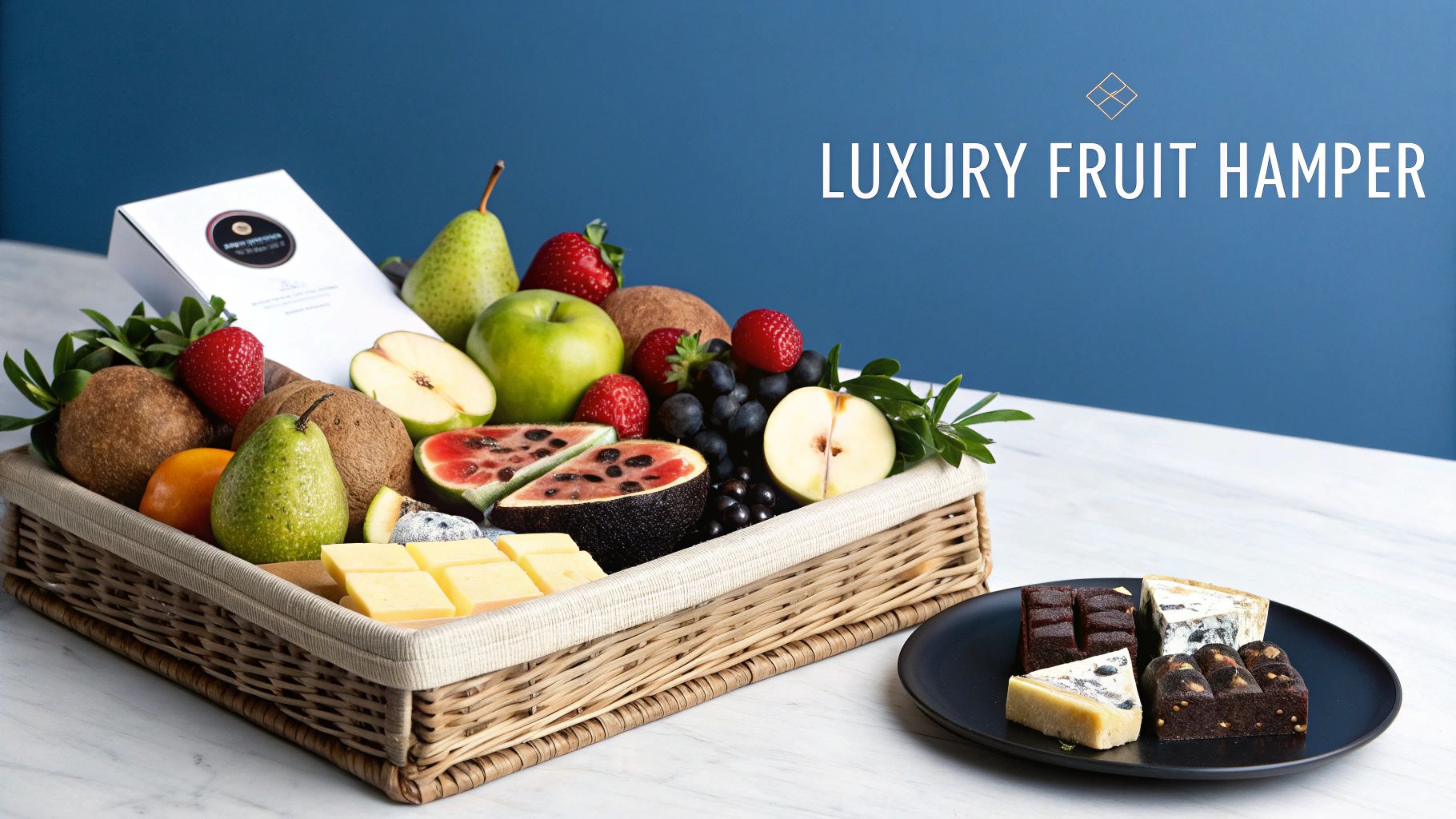 A beautifully arranged fruit gift hamper featuring various fruits, cheeses, and crackers.