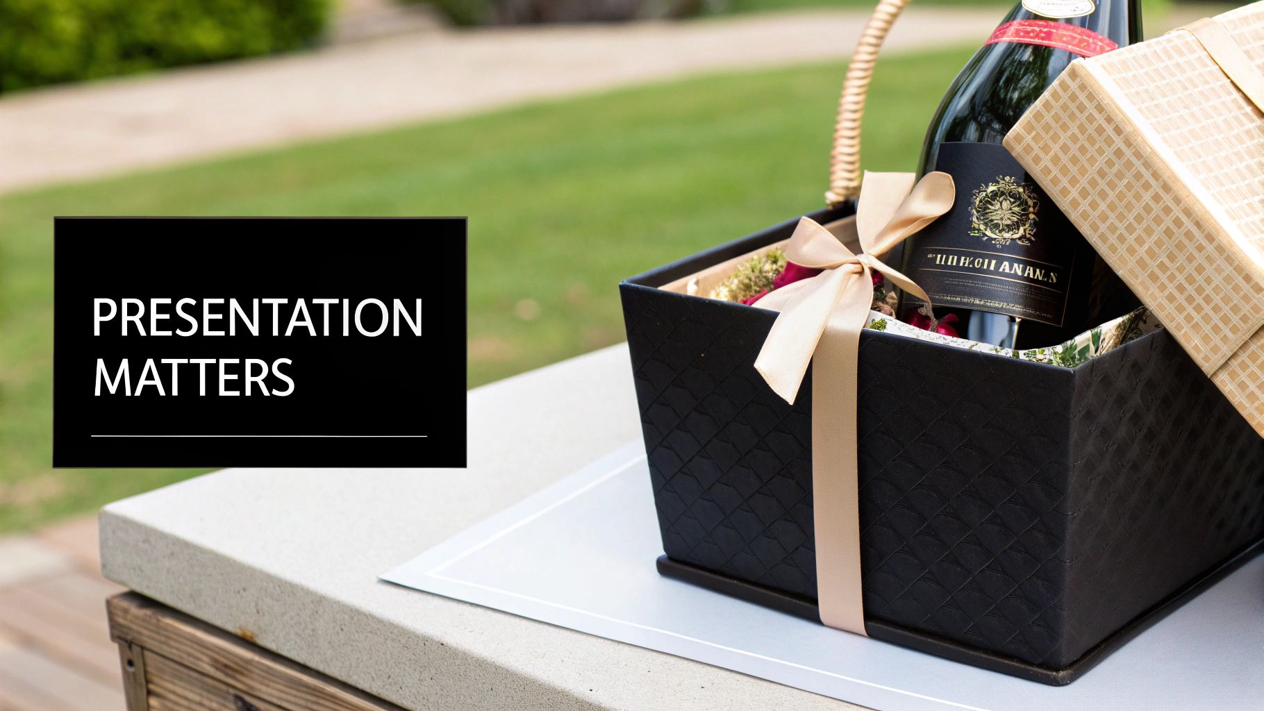 A beautifully presented gift hamper containing a bottle of sparkling wine and a wrapped present. Text overlay: "PRESENTATION MATTERS."