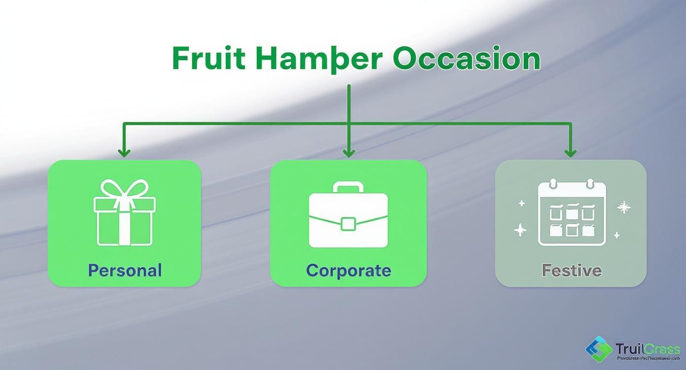 Infographic decision tree for choosing fruit gift hampers for personal, corporate, or festive occasions.