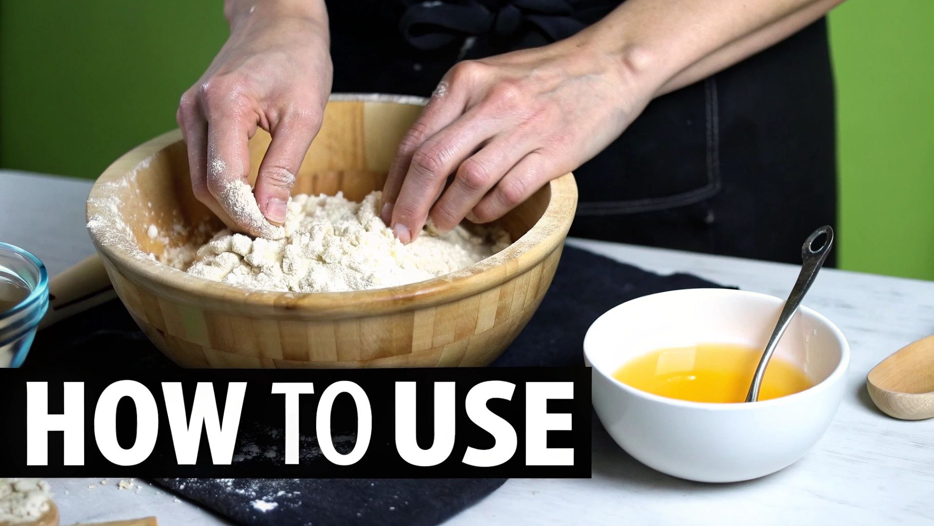 A baker crumbling fresh yeast into a bowl of flour