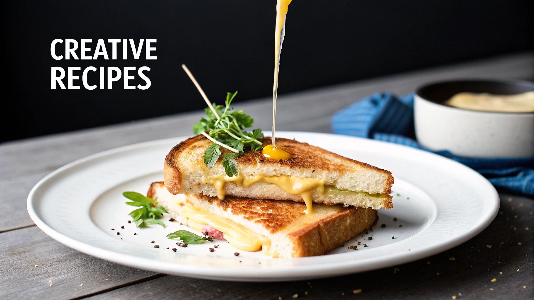 Gourmet grilled cheese sandwich halves stacked on a white plate, drizzled with sauce and garnished with herbs.