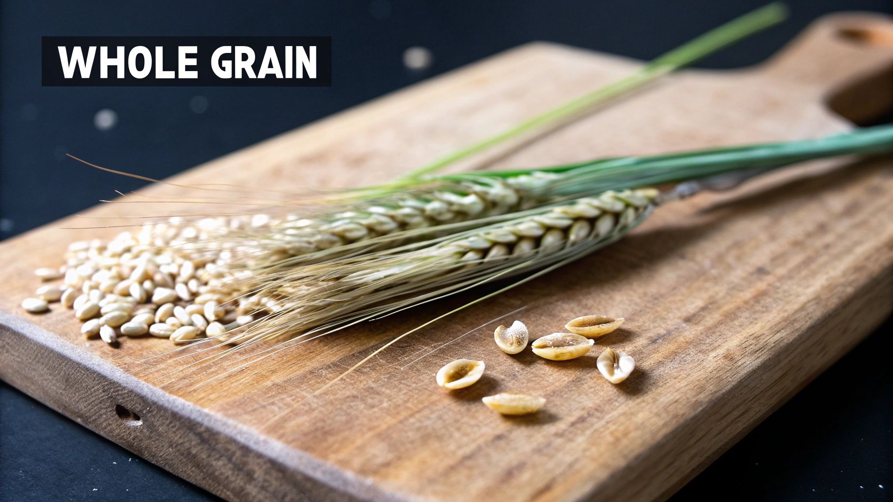 Whole grain wheat kernels and stalks displayed on a rustic wooden board, promoting healthy food choices.