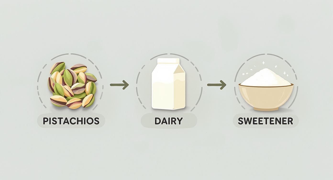 A diagram showing pistachios, dairy, and sweetener as ingredients for a recipe.