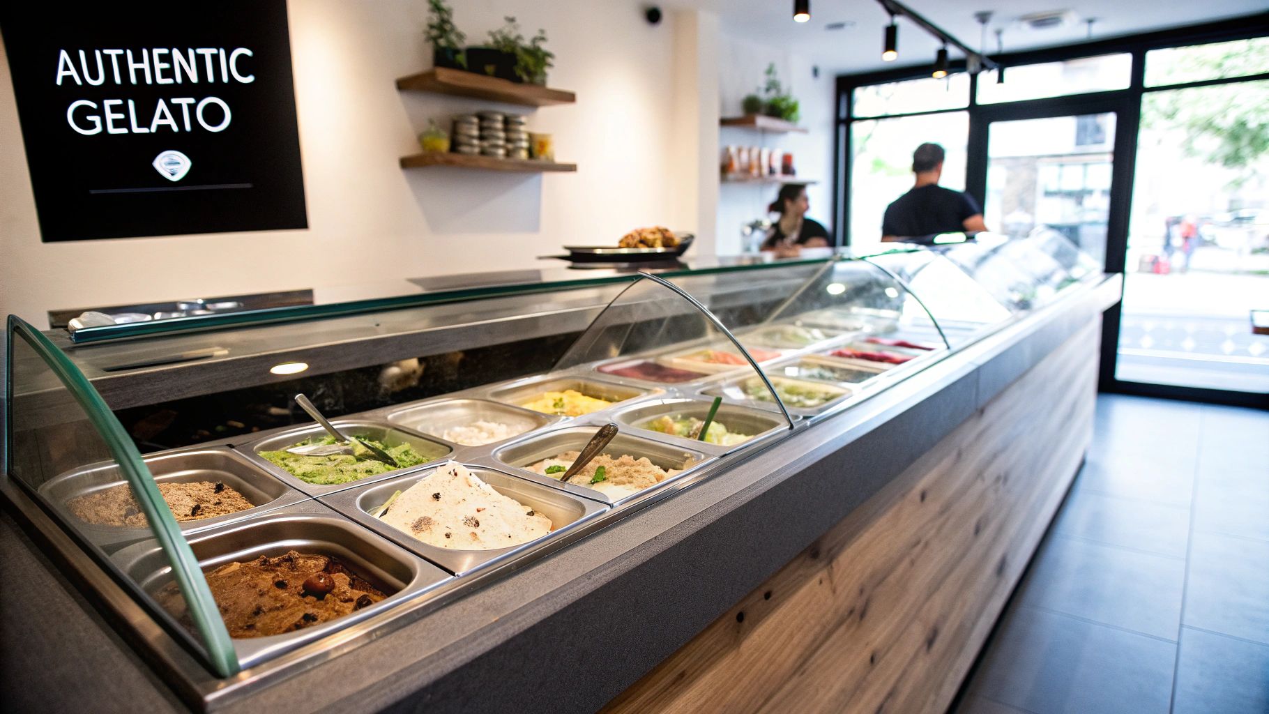 Interior view of an authentic gelato shop showing a display case with various ice cream flavors.