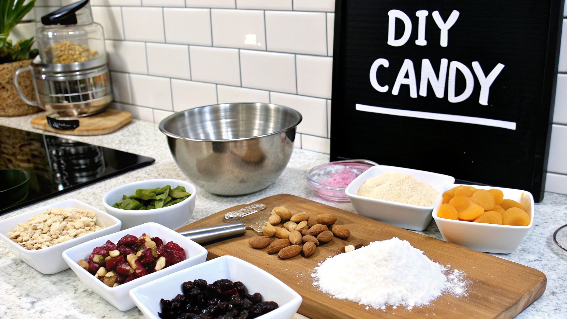 DIY candy setup in a kitchen with bowls of dried fruits, nuts, and powder on a counter. A mixer and a blackboard sign saying "DIY CANDY" are visible.