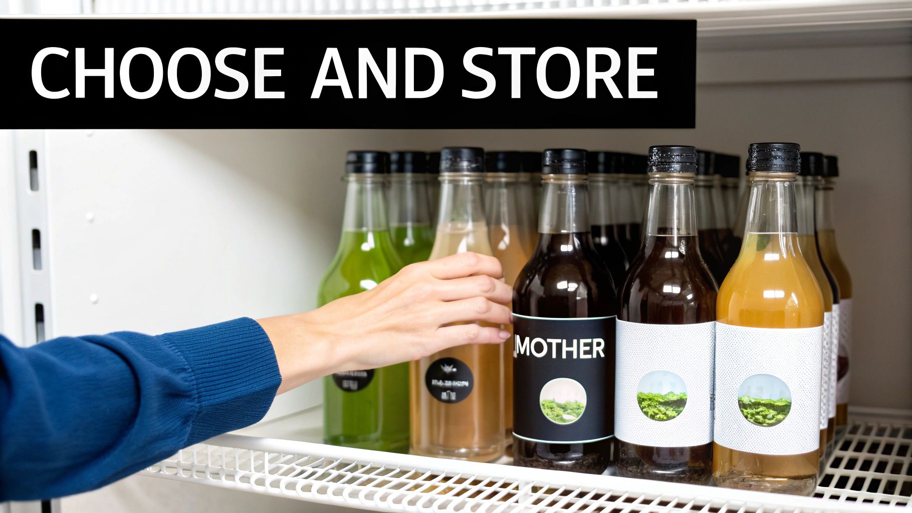 A person's hand reaches for a dark bottled beverage labeled "MOTHER" on a white shelf with other colorful drinks.