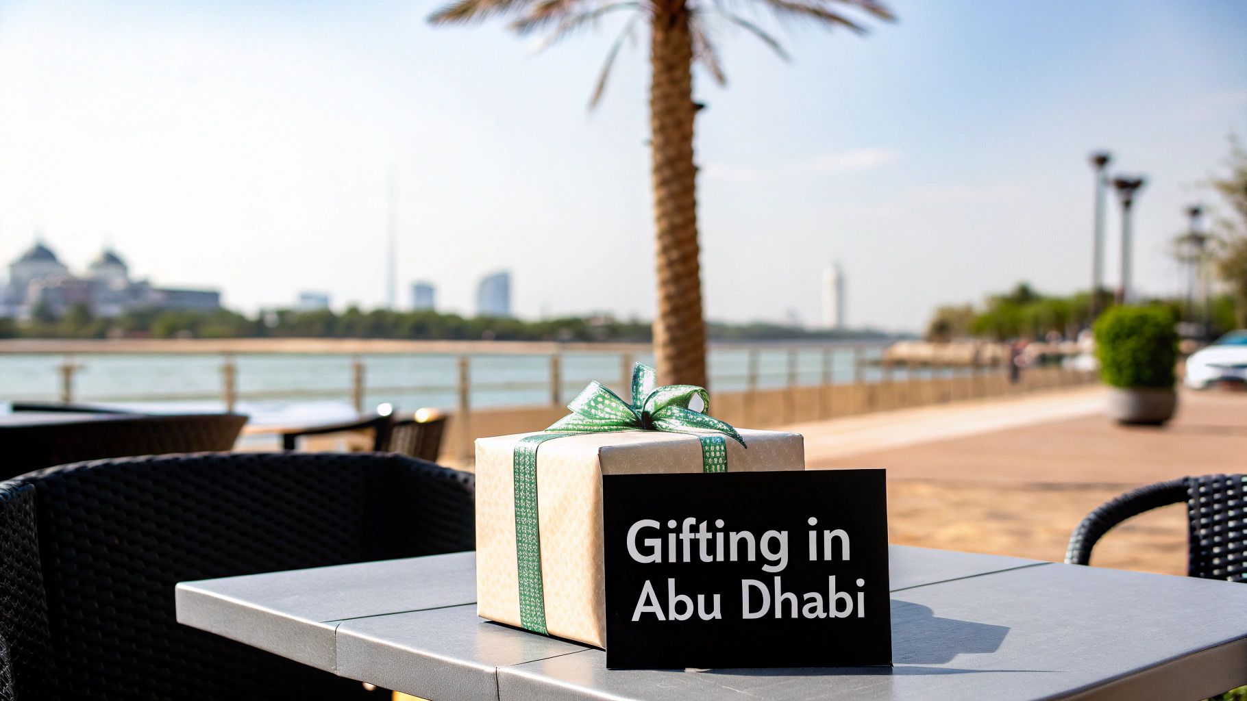 A gift box with a green ribbon and a 'Gifting in Abu Dhabi' sign on an outdoor table.