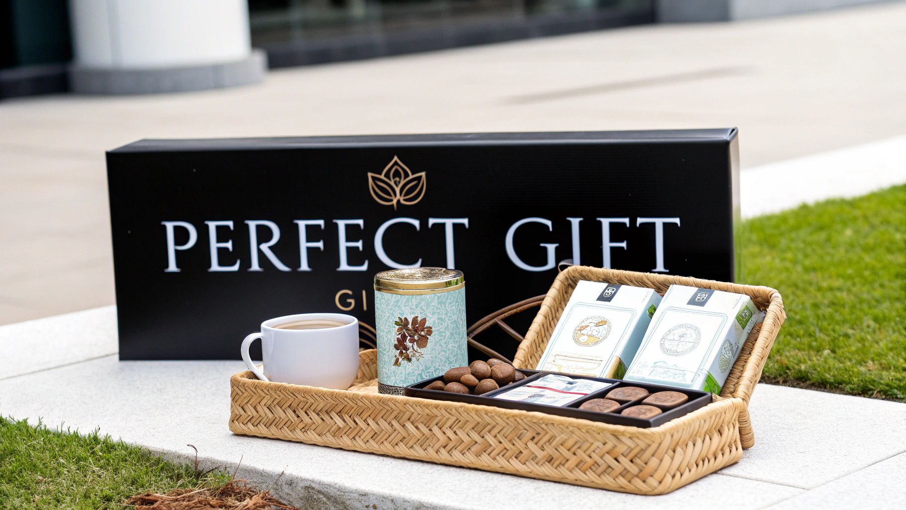 A gourmet 'Perfect Gift' set with chocolates, a decorative tin, and a coffee mug on a woven tray.