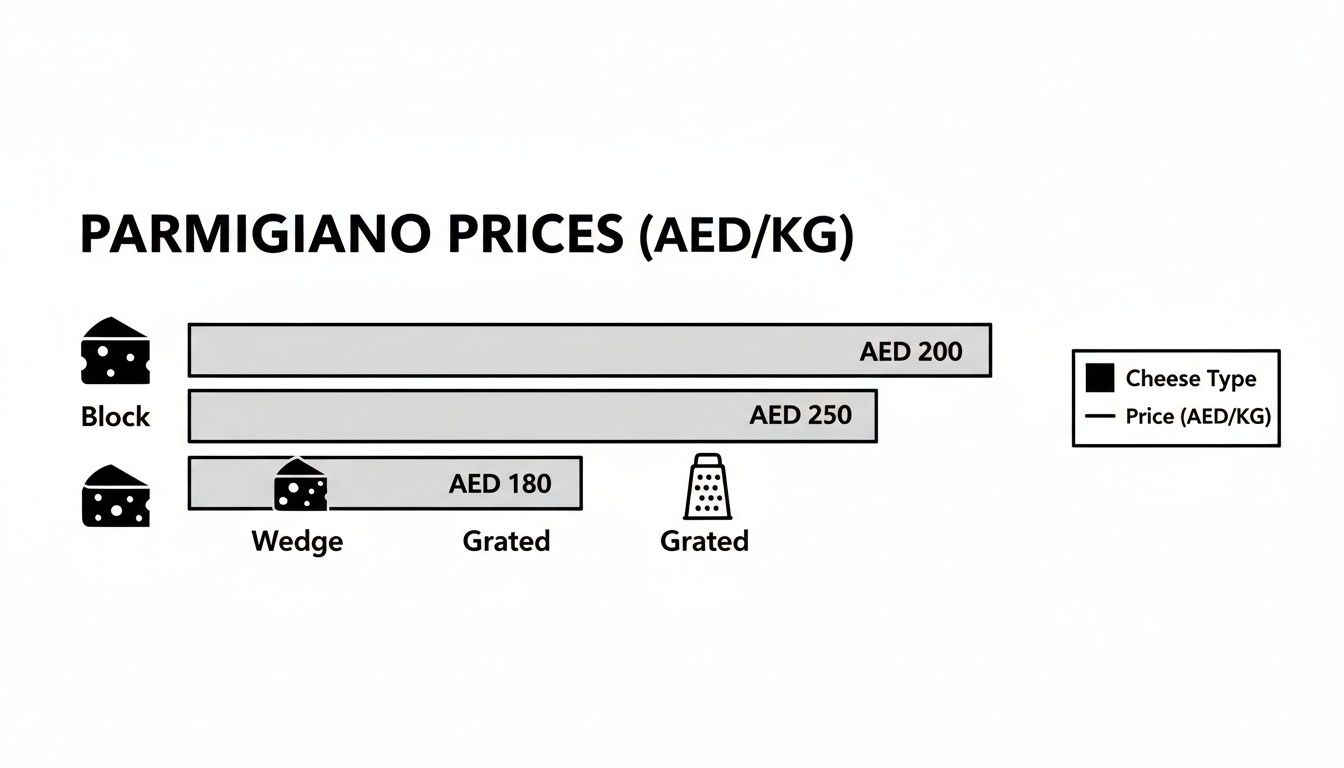Chart displaying Parmigiano cheese prices per kilogram (AED/KG) for block, wedge, and grated forms.