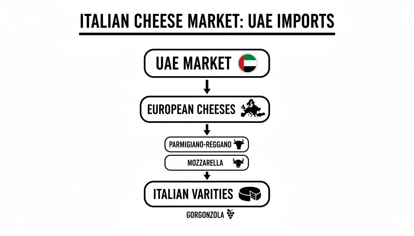 Flowchart illustrating the UAE market imports of Italian and European cheeses, like Parmigiano-Reggiano and Mozzarella.