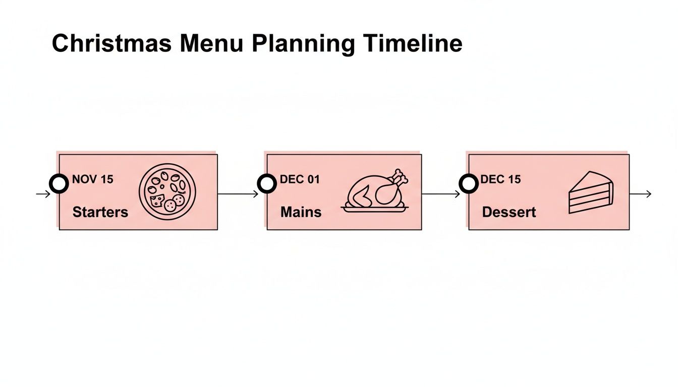 A Christmas menu planning timeline showing key dates for starters, mains, and dessert preparation.