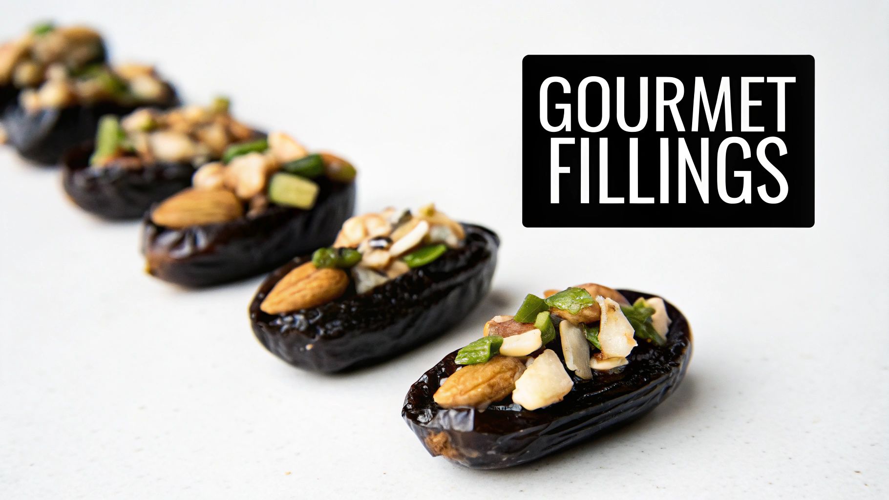 A close-up shot of several gourmet dates, generously stuffed with various nuts like almonds and pistachios, arranged on a white surface.