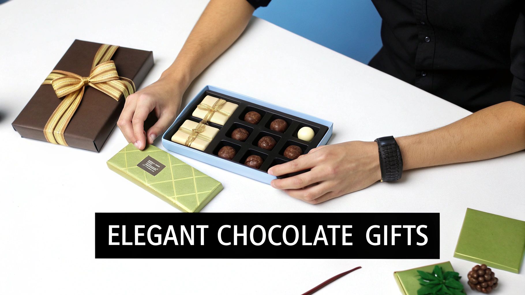 A person's hands opening a light blue box of assorted gourmet chocolate truffles and bars.