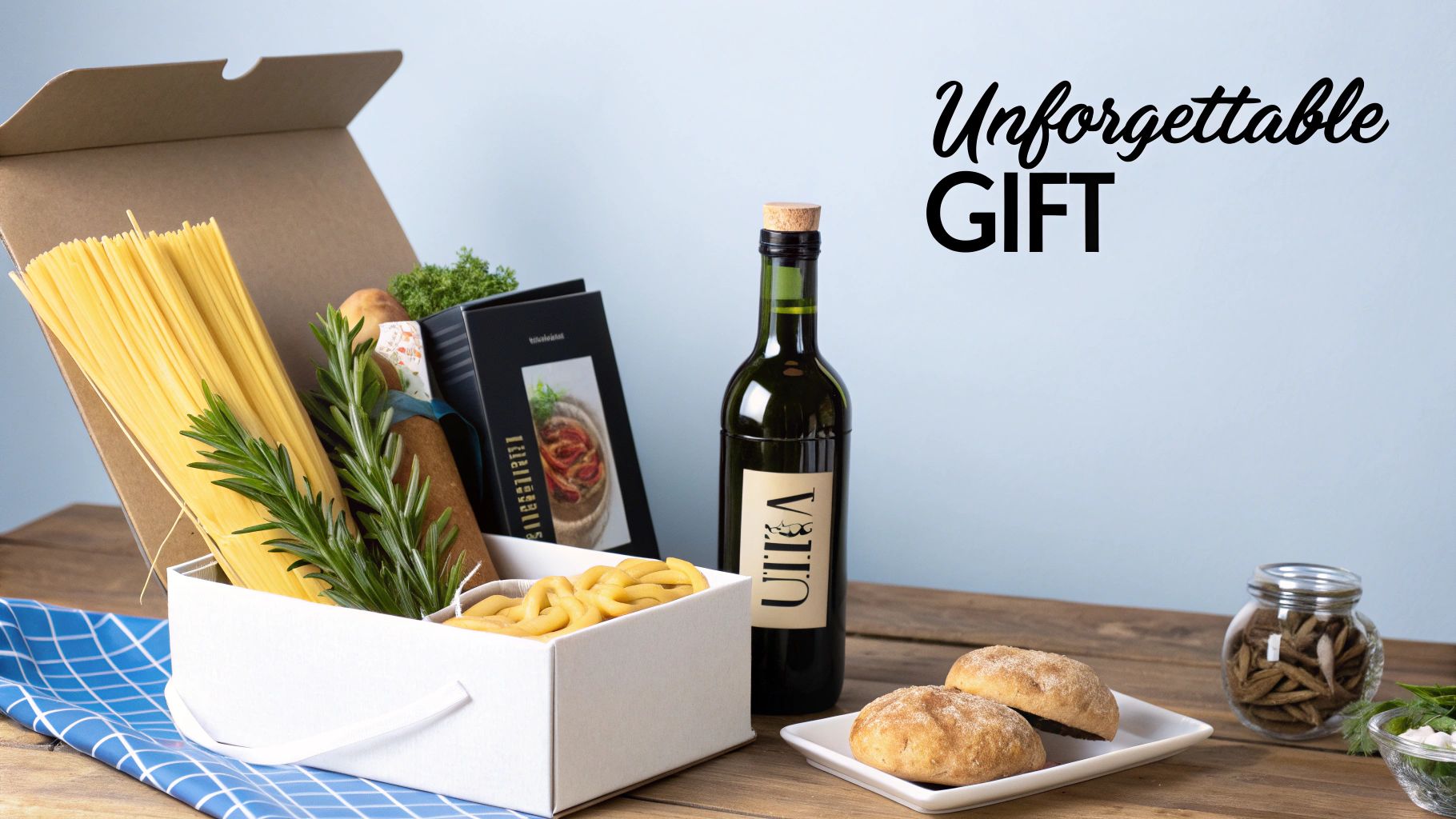 A beautifully arranged gift hamper box filled with assorted gourmet items and a bottle of wine.