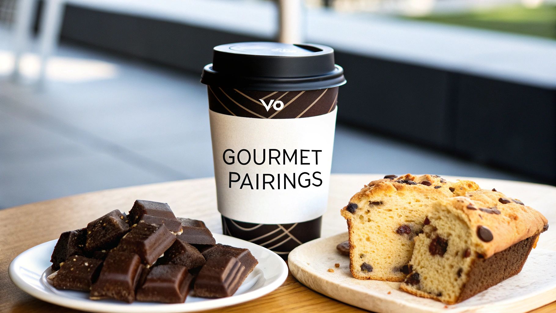 A coffee cup featuring 'Gourmet Pairings' with delicious chocolate fudge and a sliced loaf cake.