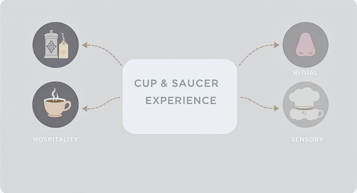 Diagram showing cup and saucer experience connected to hospitality, ritual, and sensory elements