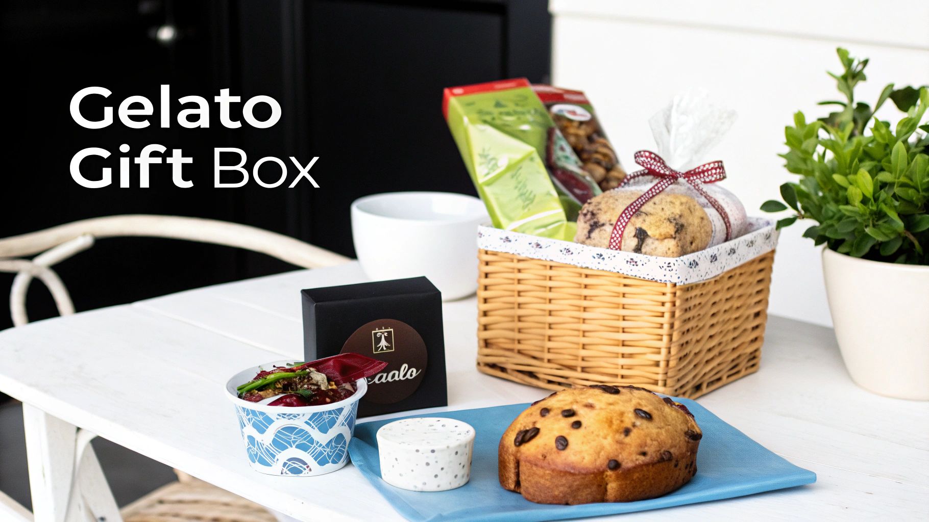 Gelato Gift Box with a wicker basket of cookies and packaged desserts on a white table.