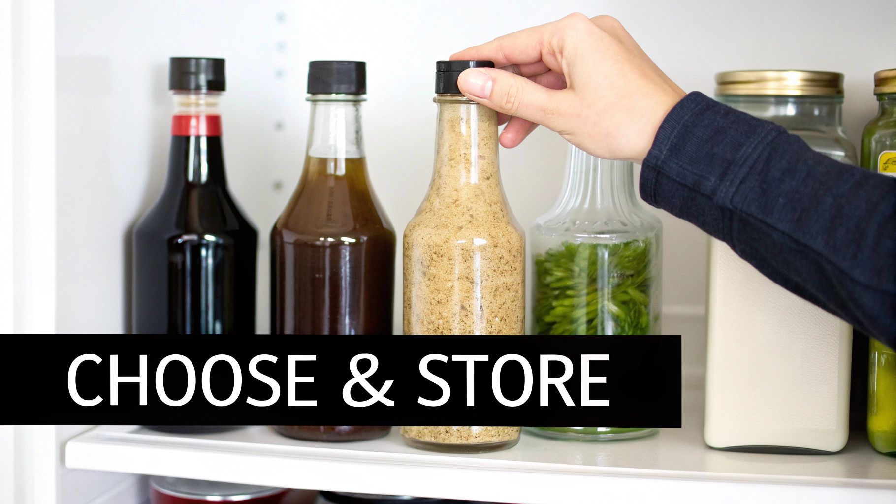 A hand selects a bottle from a shelf containing various condiments, including possibly apple cider vinegar.
