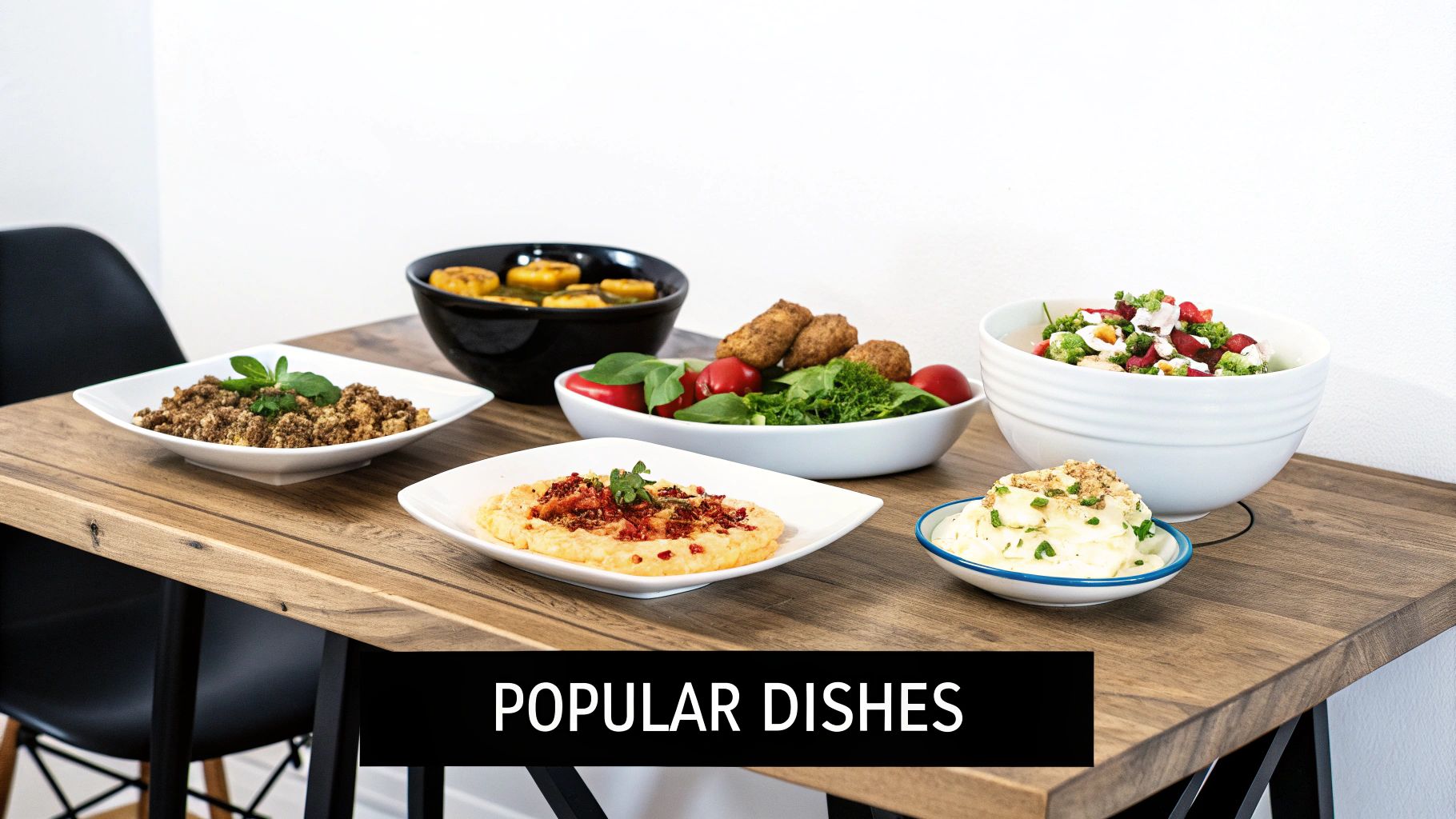 A wooden table with various colorful dishes, including salads and desserts. Text overlay reads "Popular Dishes." Simple white and black setting.