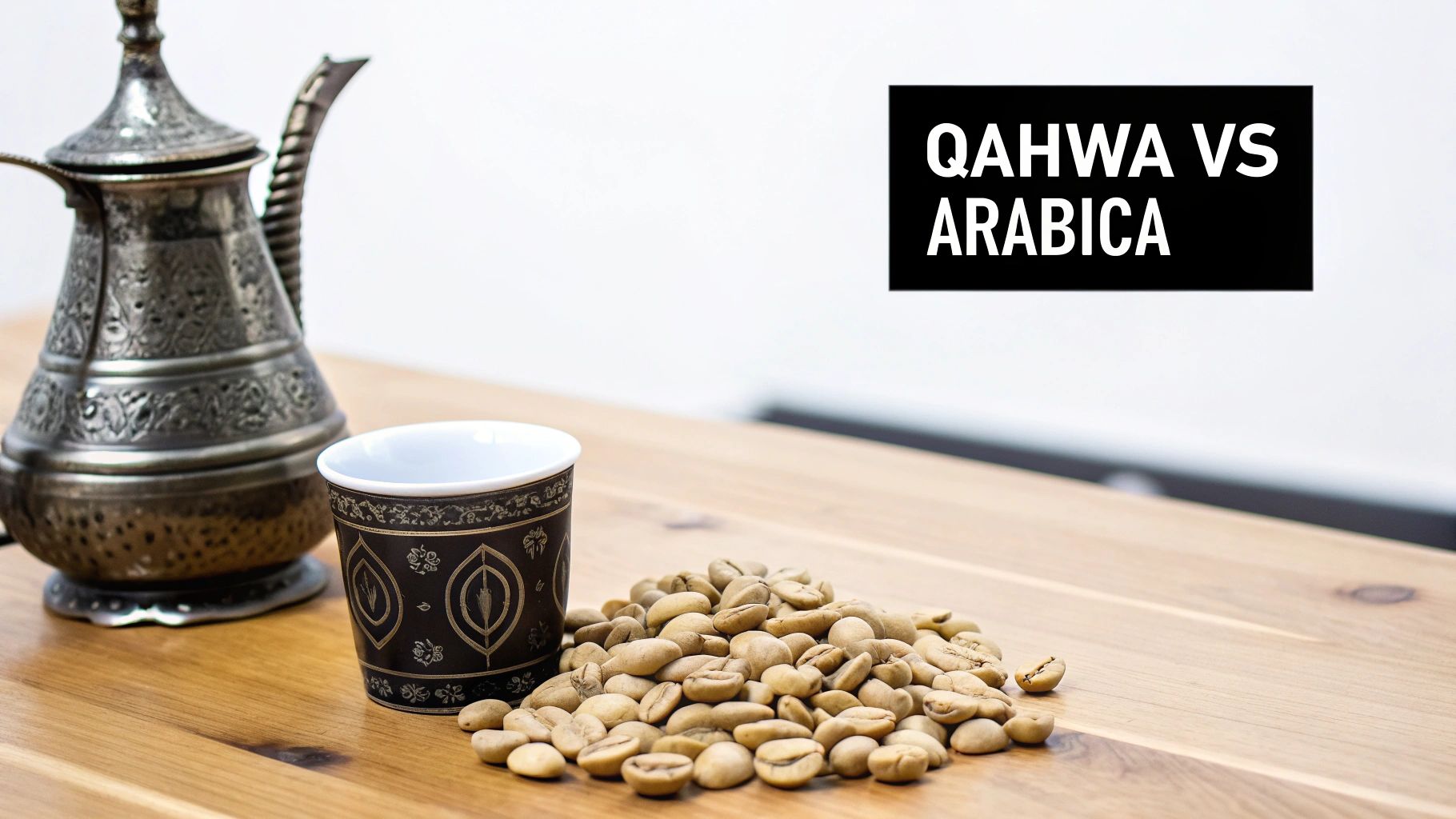 Traditional Arabic coffee pot, ornate cup, and unroasted coffee beans on wood, with 'QAHWA VS ARABICA' text.