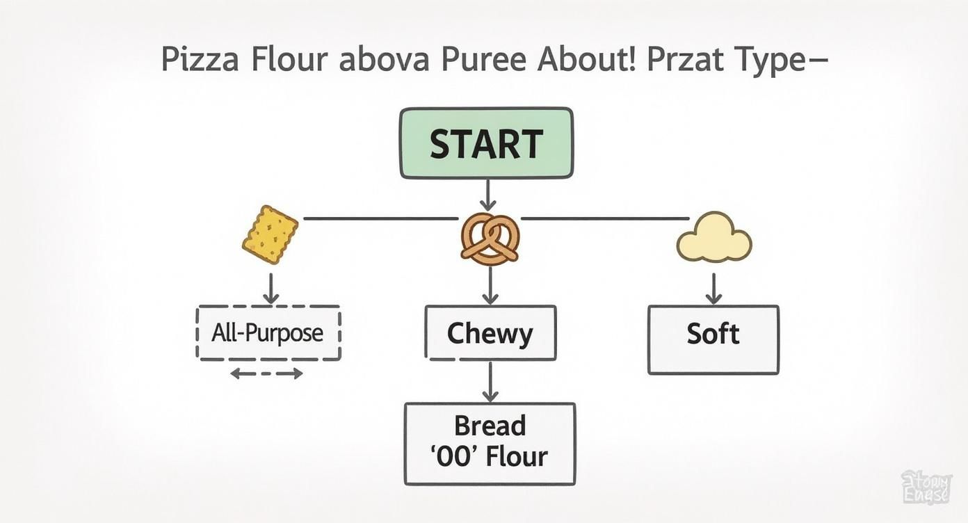 A flowchart illustrates flour types and characteristics, including all-purpose, chewy, soft, and bread '00' flour.