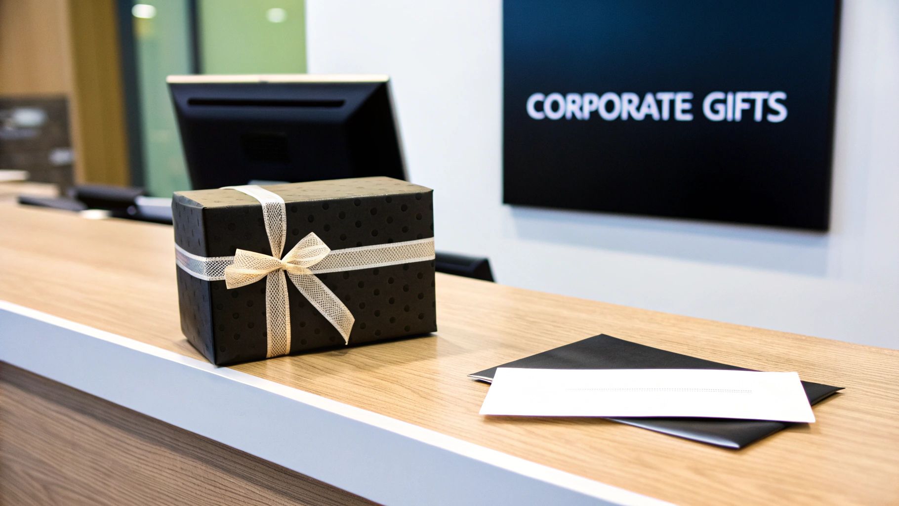 Elegant black gift box with beige ribbon, envelopes, and 'CORPORATE GIFTS' sign on a wooden desk.