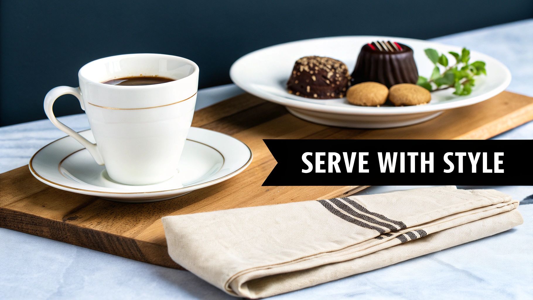 Elegant white cup and saucer with coffee and chocolate desserts on wooden serving tray