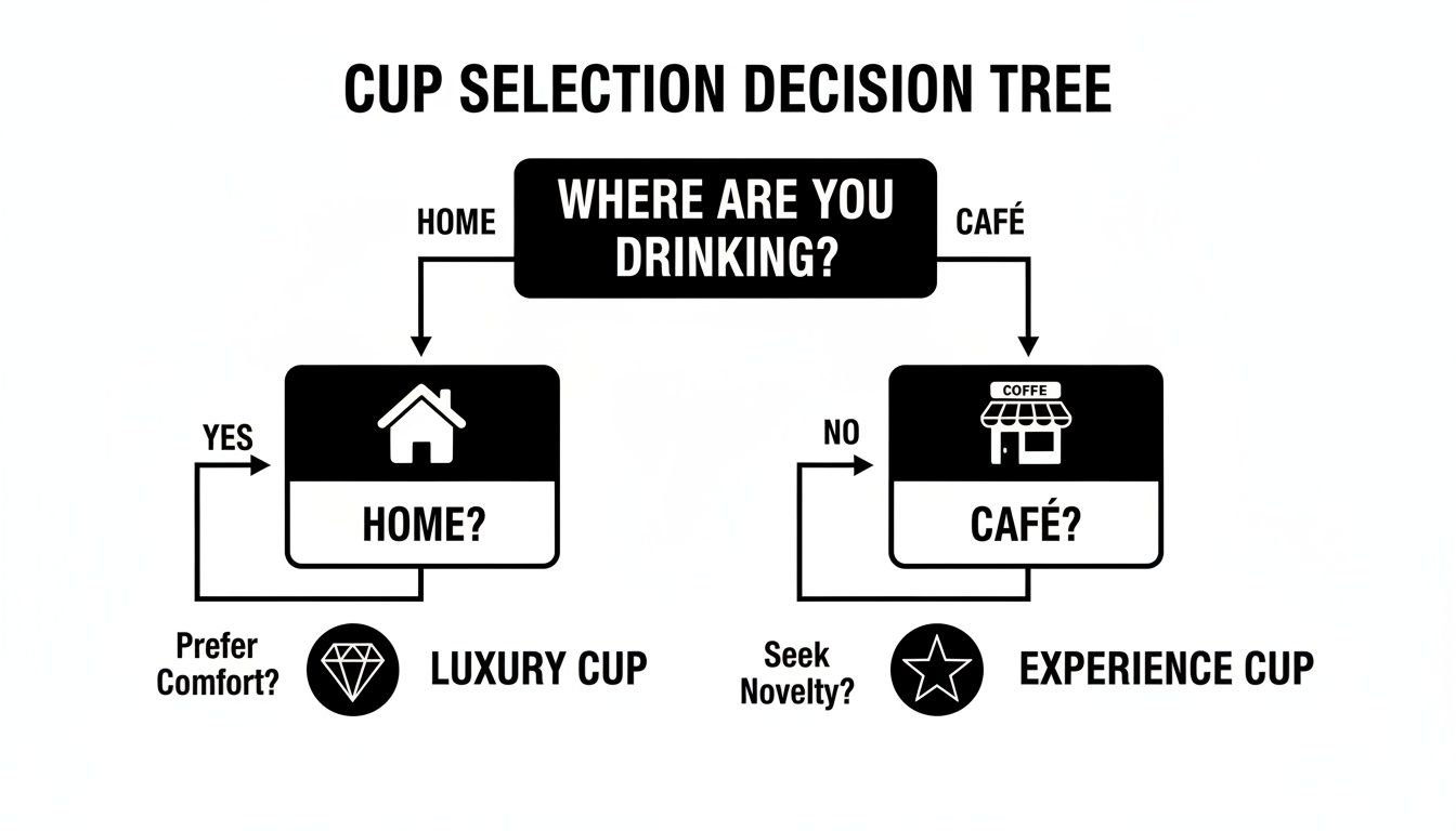 A cup selection decision tree diagram guiding choices based on drinking location: home or café, and user preferences.