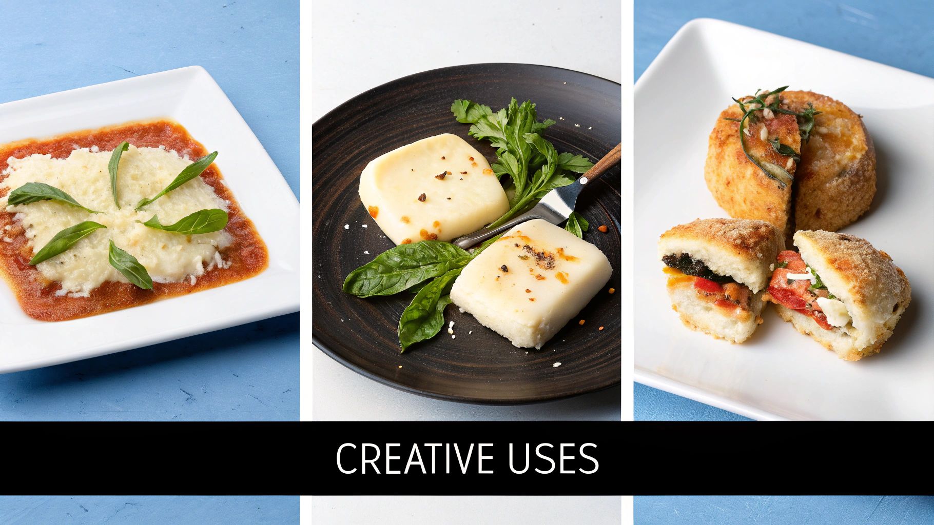 Three white plates showcase diverse culinary uses of mozzarella cheese in baked, fresh, and fried dishes.