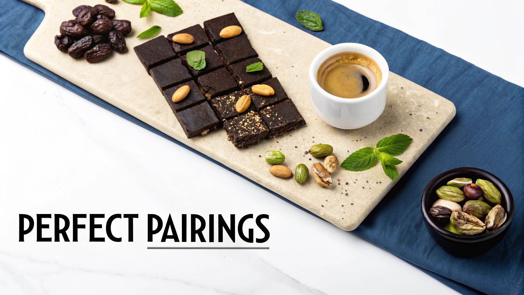 Dark chocolate squares with nuts and espresso coffee on serving board perfect pairings