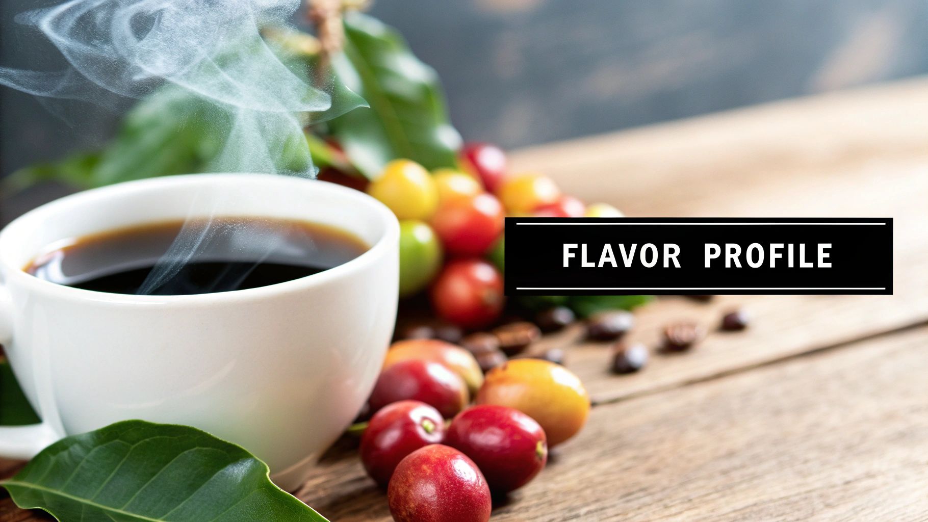 Steaming cup of coffee with colorful coffee cherries on a wooden table. Text reads "FLAVOR PROFILE." Lush green leaves in the background.