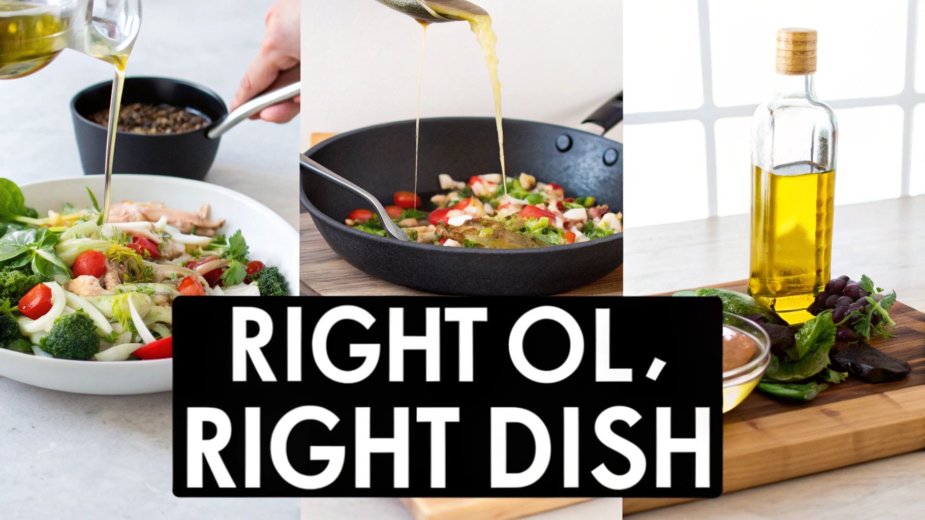 Olive oil poured onto a fresh salad, into a sizzling pan, and a full bottle on a board.