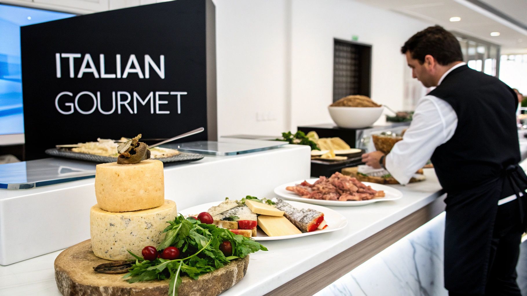 A luxurious Italian gourmet buffet setup with cheeses, cold cuts, and a chef arranging dishes.