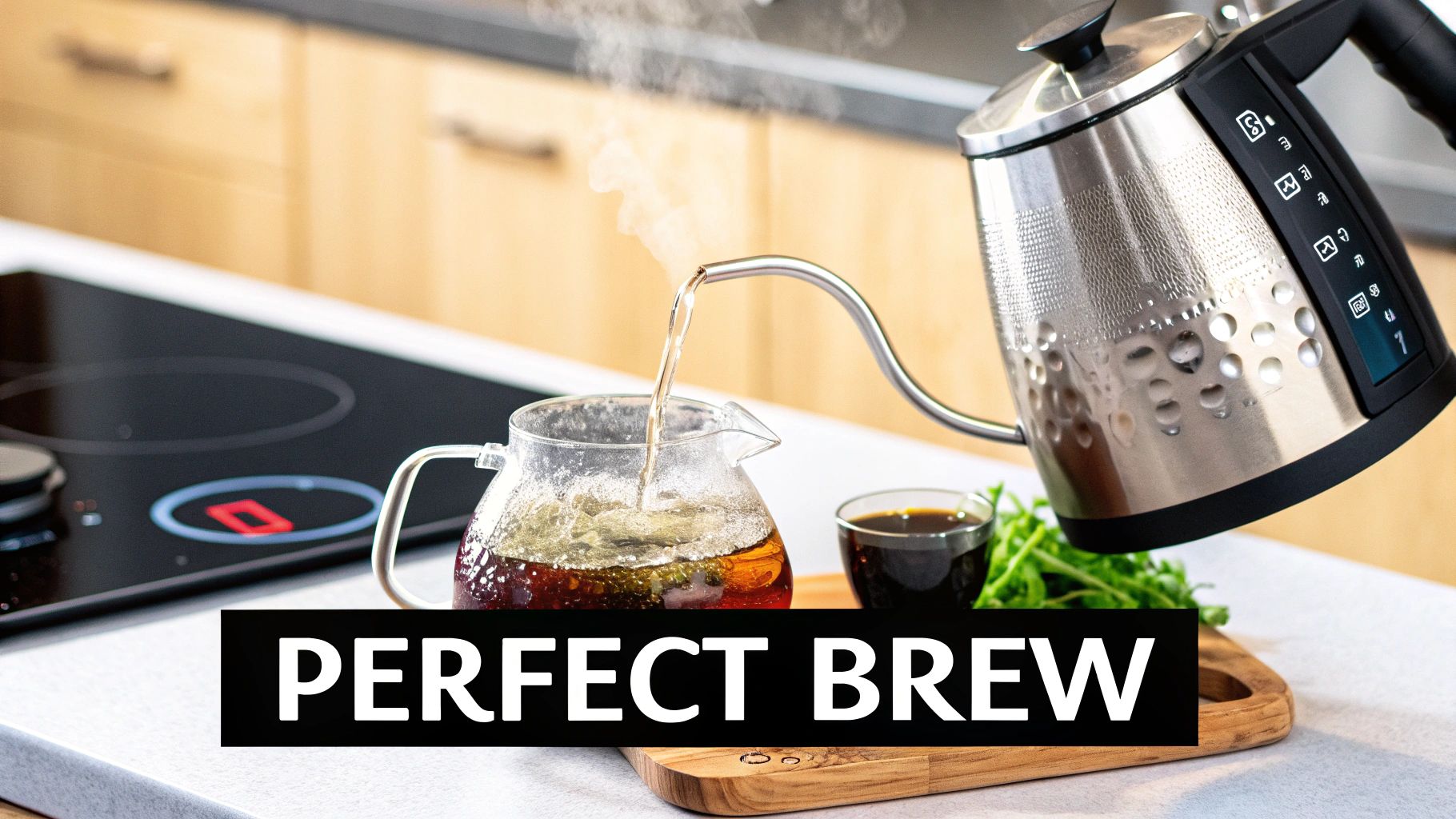 A person pouring hot water from a kettle into a teacup with an Earl Grey tea bag