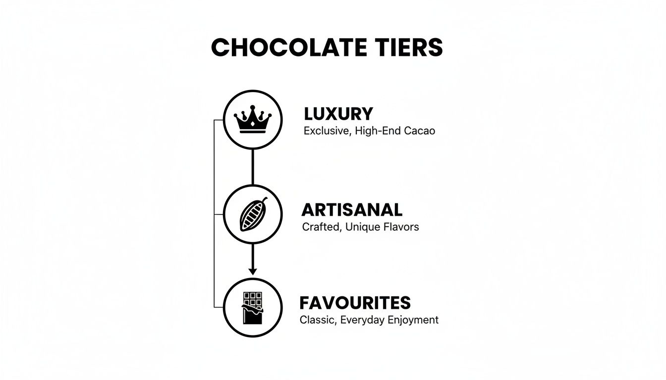 A diagram illustrating three tiers of chocolate quality: Luxury, Artisanal, and Favourites, with descriptions.
